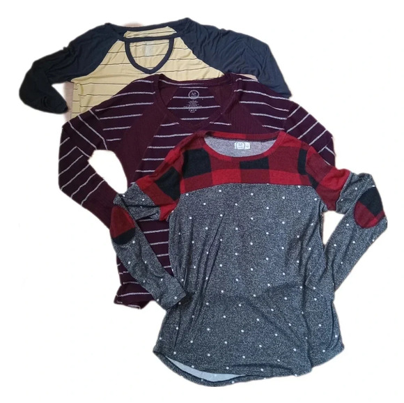 Long Sleeve Tees Bundle of 3 Yellow Purple Striped Black Red Buffalo Plaid Small - Picture 1 of 16